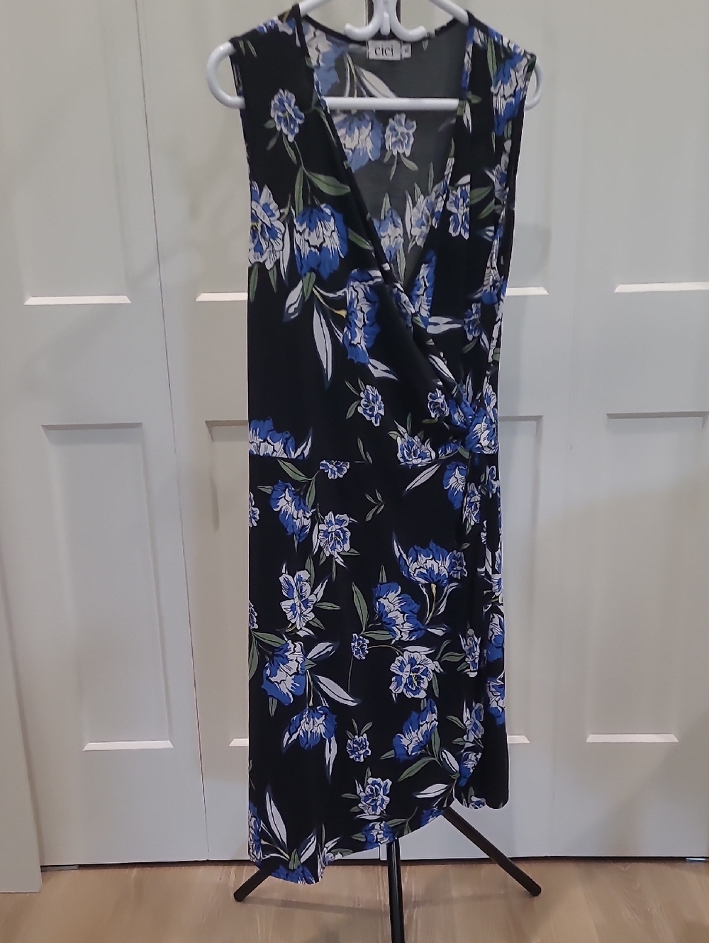 CICI Black Midi Wrap Dress with Blue Floral